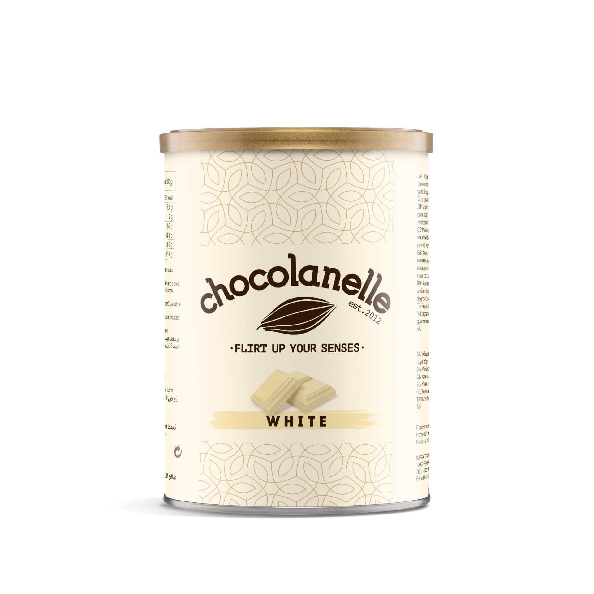 White Chocolanelle chocoladedrank met kopje en blik