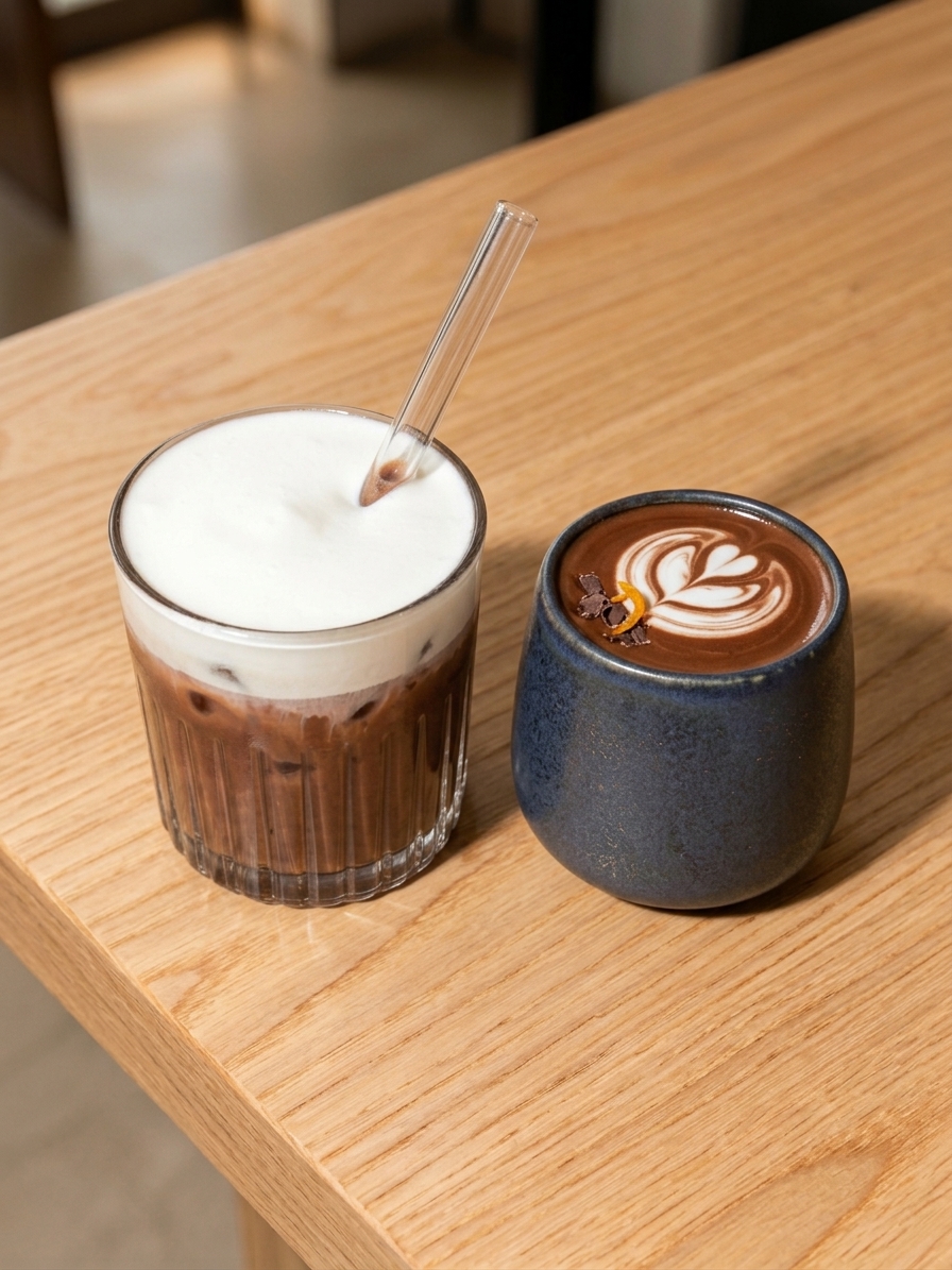 Iced chocolate with milk foam and a hot chocolate with latte art on a wooden café table