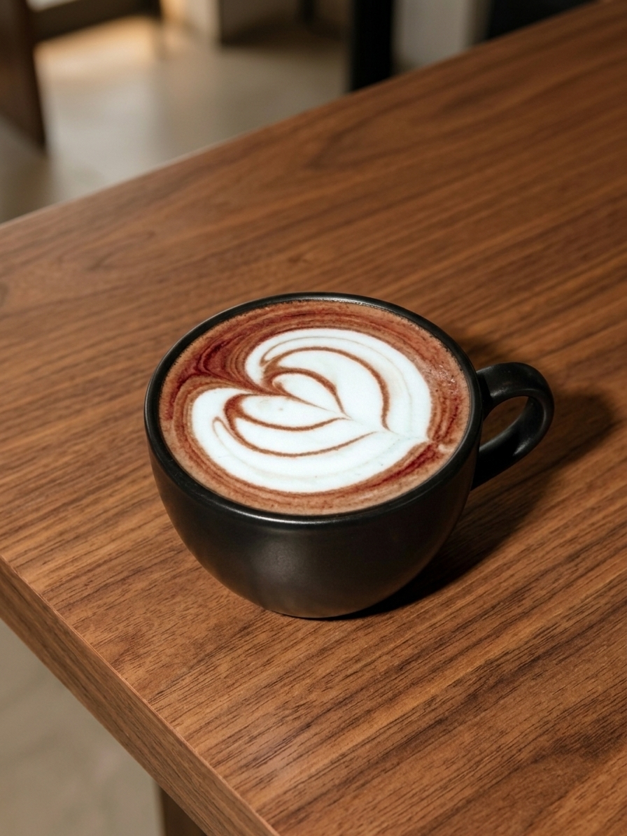 Chocolanelle warme chocolade met latte art in een zwarte kop op een houten tafel