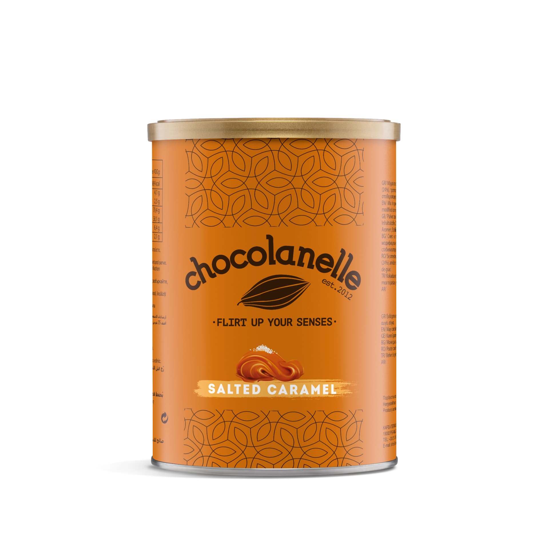 Salted Caramel Chocolanelle chocoladedrank met kopje en blik