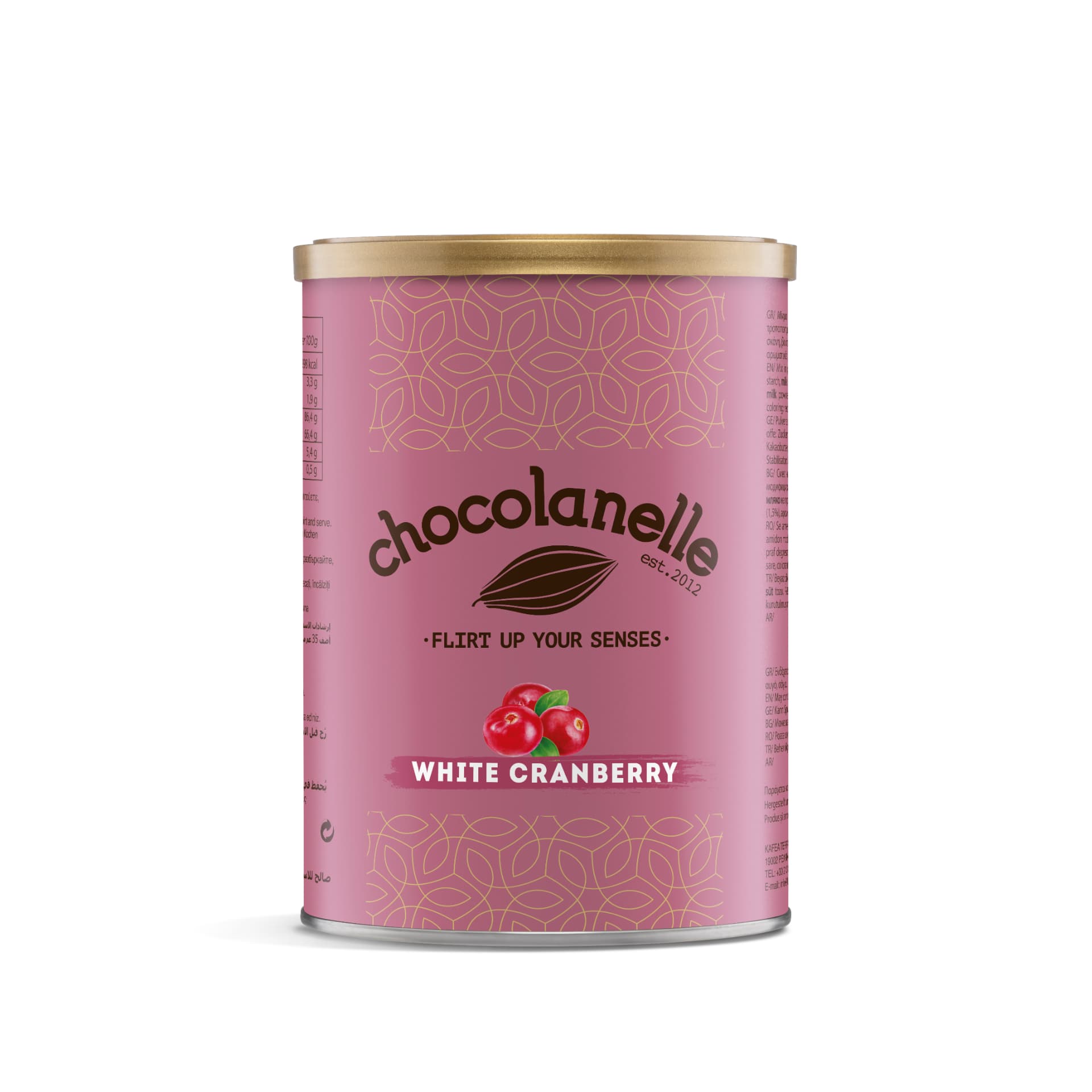 White Cranberry Chocolanelle chocoladedrank met kopje en blik