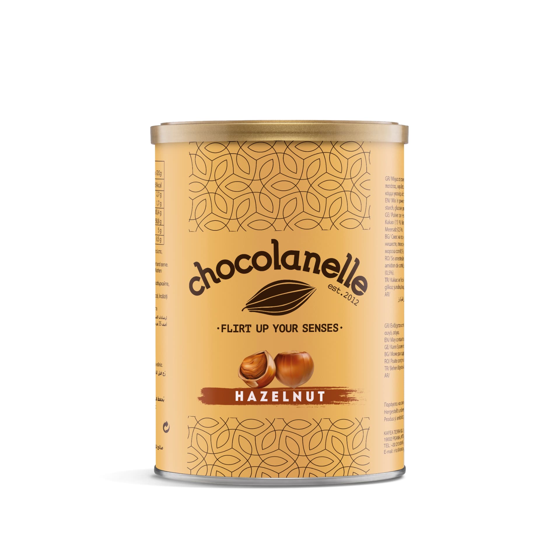 Hazelnut Chocolanelle chocoladedrank met kopje en blik