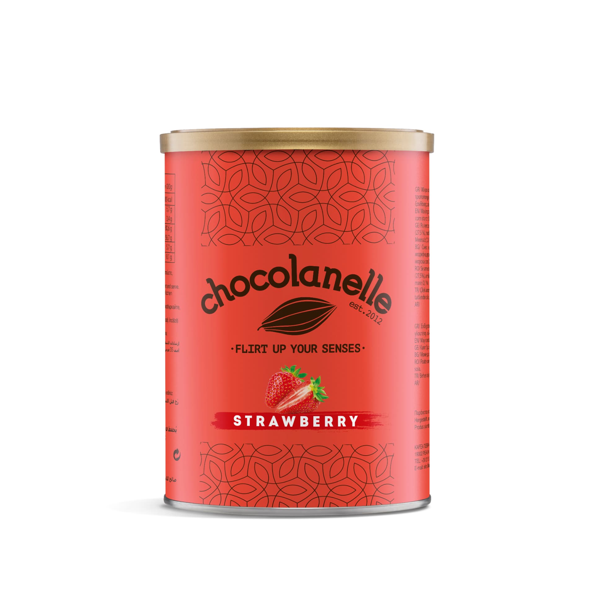 Strawberry Chocolanelle chocoladedrank met kopje en blik
